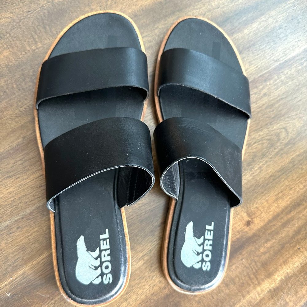 Sorel Black Leather Flat Sandals - Sz 9